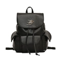 Chic black litchi leather backpack featuring drawstring flap and silver metal logo detail - Black