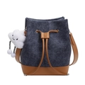 Blue denim bucket bag with brown leather straps and a white cloud plush charm - Dark Blue with Pendant