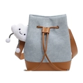 Blue denim bucket bag with brown leather strap and white cloud plush charm - Light Blue with Pendant
