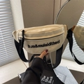 Cream canvas crossbody chest bag with black letter embroidery and adjustable strap - Light Khaki