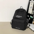 Zaino per studenti in tela nera minimalista con logo bianco e tasca laterale - Senza Ciondolo / Nero