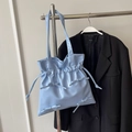 Light blue patent leather tote bag with ballet style drawstring and bow accents - Blue