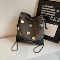 Dark grey canvas bucket backpack with colorful leather heart patches and chain strap - Black without Pendant