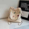Beige canvas bucket backpack with colorful heart patches and chain strap - Off-white Without Pendant