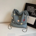 Haze blue bucket bag with colorful heart patches and silver chain strap - Blue Without Charm