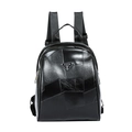 Sac à dos chic en cuir noir patchwork avec logo argenté pour les déplacements - Noir