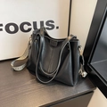 Black vintage tote bag in soft leather with contrast geometric patterned wide strap - Black