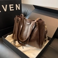 Retro dark brown large tote bag with textured faux leather and wide jacquard shoulder strap - Brown