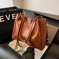 Brown vintage leather tote bag with stylish geometric woven wide shoulder strap - Brown