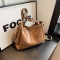 Vintage large brown tote bag with wide woven strap and matte PU leather texture - Khaki