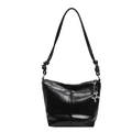 Minimalist black bucket bag in glossy leather with silver balloon dog charm - Black