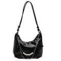 Black hobo bag with pearl and silver chain decoration in shiny leather finish - Black