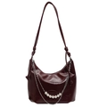 Burgundy crescent leather shoulder bag with pearl chain and knotted strap details - Burgundy
