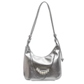Silver hobo bag with crinkled texture, metallic chain and pearl charms detail - Silver