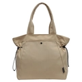Grande borsa tote in tela beige con coulisse laterali regolabili e chiusura a bottone - Cachi
