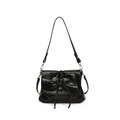 Borsa a tracolla in pelle PU lucida nera con fiocco e design della patta pieghettata - Nero