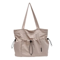Beige tote bag with three drawstring pockets and long shoulder straps for daily use - White