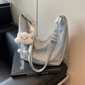 Silver metallic denim patchwork crossbody dumpling bag with white cloud charm - Silver