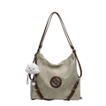 Sac cabas kaki avec bordures en cuir marron, logo M en métal et breloque nuage peluche - Beige Avec Charme