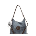 Grand sac cabas bleu-gris avec lanières en cuir marron et pendentif nuage - Bleu Denim Avec Pendentif
