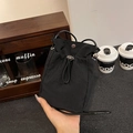 Mini black nylon drawstring bucket crossbody bag with silver hardware for women - Black
