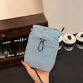 Light blue nylon mini crossbody phone bag with adjustable drawstring front pocket - Blue