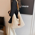 Chic cream woven hobo bag with unique wooden bead strap and leather patch detail - Large Size Brown