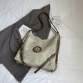Retro large light green shoulder bag with leather straps and metal M emblem detail - Rice White (No Pendant)