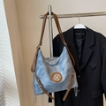 Light blue large capacity tote bag with brown leather straps and metal M logo detail - Denim Blue Without Pendant