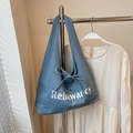 Borsa tote in denim blu con logo Rebawancy bianco e dettaglio coulisse con fiocco - Blu