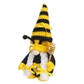 Bee gnome plush with yellow striped hat and braids holding a wooden honey wand - Female Style