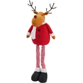 Renne de Noël en peluche avec jambes rétractables et tenue de fête rouge et blanche - Rouge