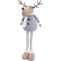Détail d'un renne en peluche rétractable avec longues jambes rayées et décor nordique - Gris