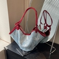 Blue denim tote bag with silver sequins and red leather handles for daily use - Burgundy