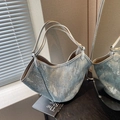 Blue denim tote bag with silver sequins and metallic straps for chic daily commute - Silver