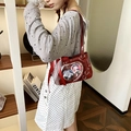Deep red patent leather ita bag with oval window and lace decor for shoulder carry - Red