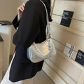 Silver metallic ruched shoulder bag with pearl and heart chains in a trendy Y2K style - Silver