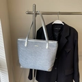 Silver-gray tote bag in textured fabric with metallic trim and elegant gold plate detail - No Pendant / Silver