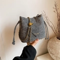 Grey marble texture drawstring bucket bag with gold chain strap and brand logo - Vintage Green