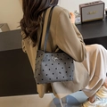 Borsa a secchiello in tela grigia con pois neri e fiocco argentato da donna - Fiocco Nero