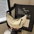 Off-white crescent-shaped crossbody bag with black wide strap and drawstring detail - White