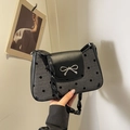 Gray herringbone polka dot handbag with leather flap and silver bow metal detail - Gray Polka Dot Bow Style
