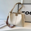 Cream white tote bag with brown handles and a patterned wide shoulder strap for women - Off White