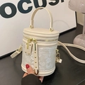 Bolso cubo cilíndrico beige con bordado de encaje floral y doble cremallera - Blanco Roto
