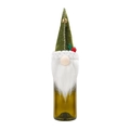 Dark green gnome wine bottle cover with white faux fur beard and gold bell detail - Green