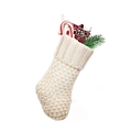 Chunky knit white Christmas stocking with red candy canes and pine cone accents - White