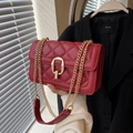 Detailed view of red quilted crossbody bag featuring a golden oval buckle and chain strap - Burgundy