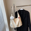 Cream white large tote backpack with colorful heart patches and cloud charm accessory - Off-white With Pendant