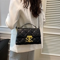 Black quilted crossbody bag with golden SK metal lock and diamond lattice pattern - Black
