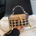 Bolso bandolera de cuadros marrón caramelo con asa de pañuelo de seda y correa cadena - Caqui